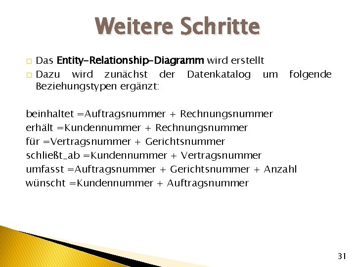 Weitere Schritte � � Das Entity-Relationship-Diagramm wird erstellt Dazu wird zunächst der Datenkatalog um