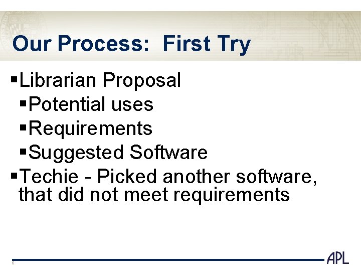 Our Process: First Try §Librarian Proposal §Potential uses §Requirements §Suggested Software §Techie - Picked