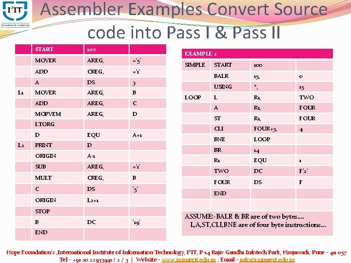 Assembler Examples Convert Source code into Pass I & Pass II L 1 START Assembler Examples Convert Source code into Pass I & Pass II L 1 START