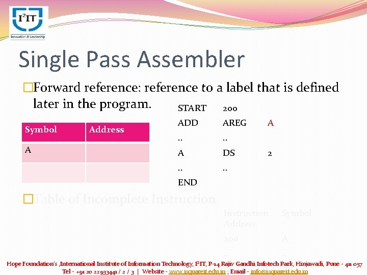 Single Pass Assembler �Forward reference: reference to a label that is defined later in Single Pass Assembler �Forward reference: reference to a label that is defined later in