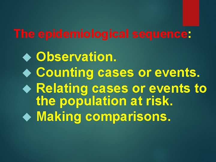 The epidemiological sequence: Observation. Counting cases or events. Relating cases or events to the
