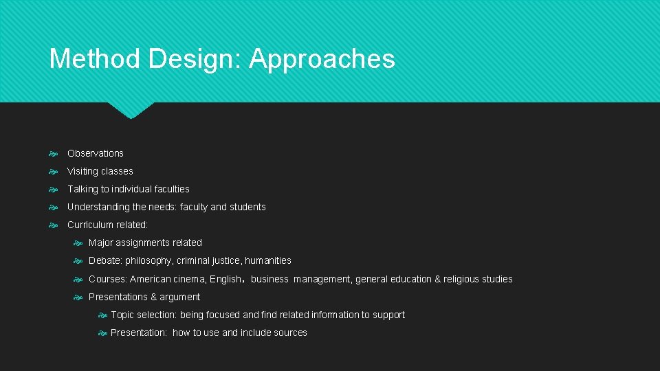 Method Design: Approaches Observations Visiting classes Talking to individual faculties Understanding the needs: faculty