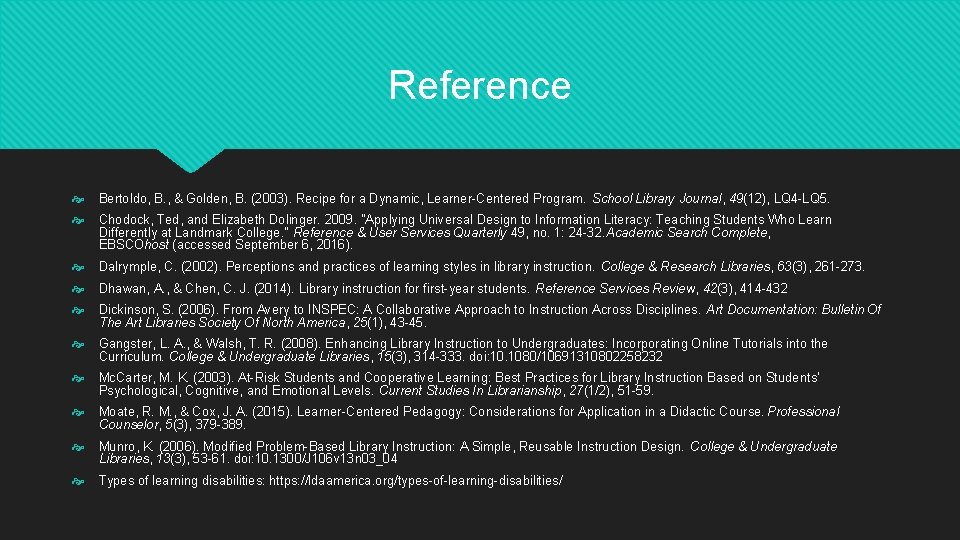 Reference Bertoldo, B. , & Golden, B. (2003). Recipe for a Dynamic, Learner-Centered Program.