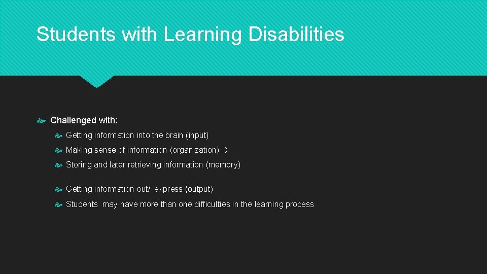 Students with Learning Disabilities Challenged with: Getting information into the brain (input) Making sense