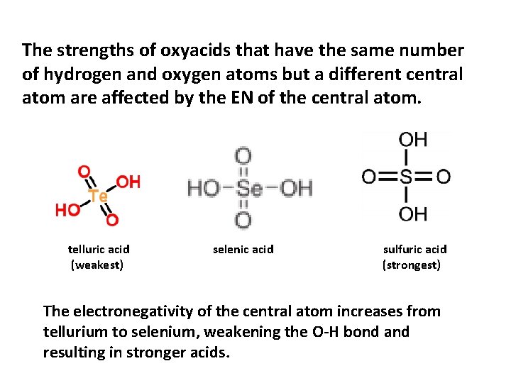 The strengths of oxyacids that have the same number of hydrogen and oxygen atoms