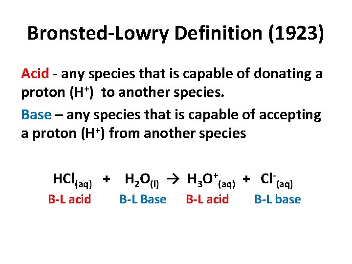 Bronsted-Lowry Definition (1923) Acid - any species that is capable of donating a proton