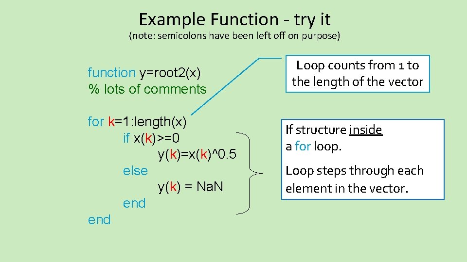 Example Function ‐ try it (note: semicolons have been left off on purpose) function Example Function ‐ try it (note: semicolons have been left off on purpose) function