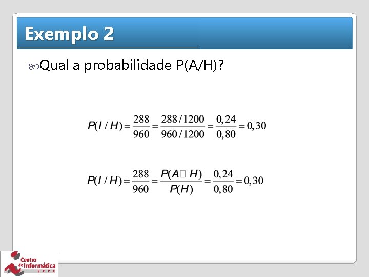 Exemplo 2 Qual a probabilidade P(A/H)? 