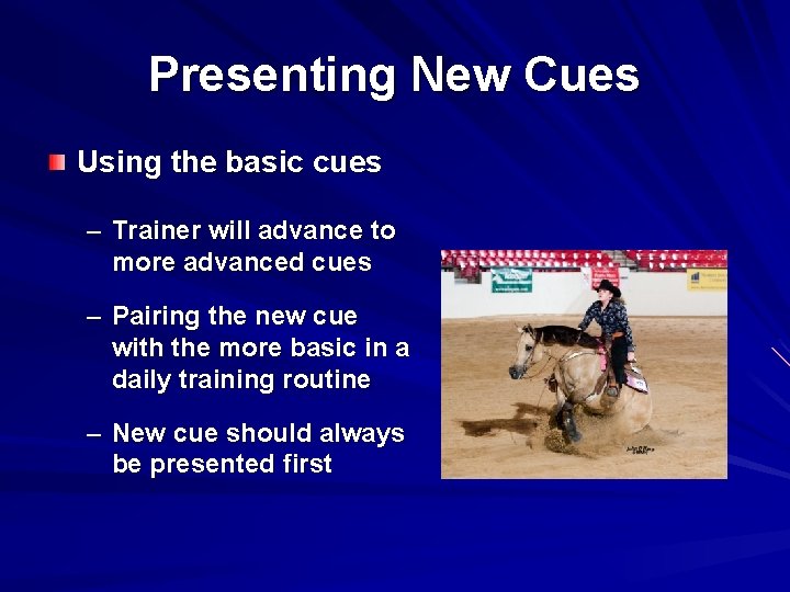 Presenting New Cues Using the basic cues – Trainer will advance to more advanced