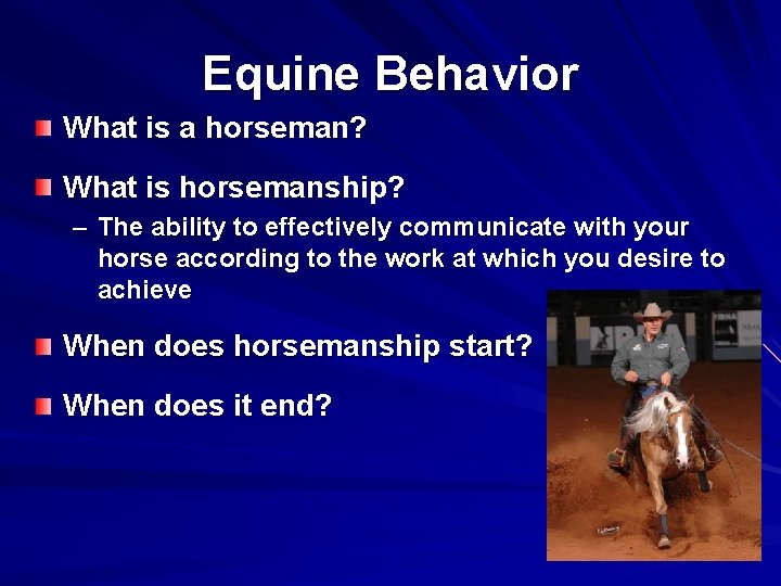 Equine Behavior What is a horseman? What is horsemanship? – The ability to effectively