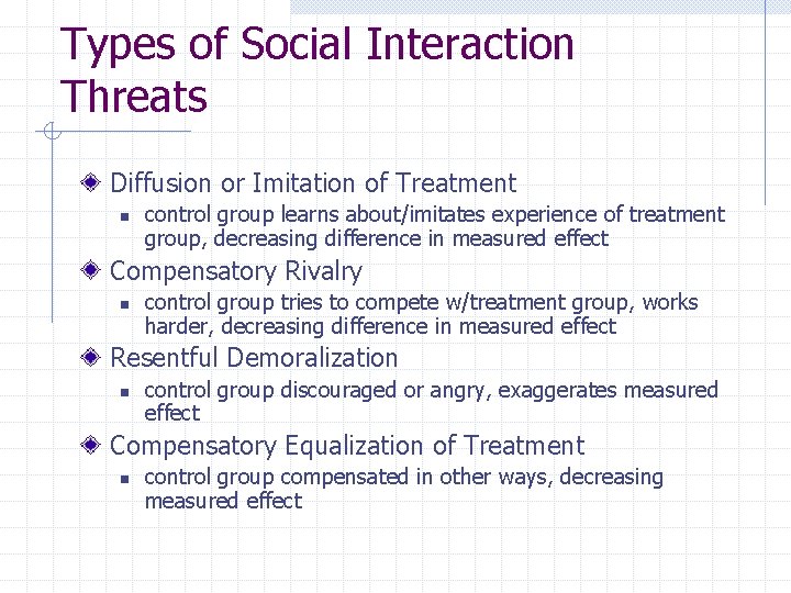 Types of Social Interaction Threats Diffusion or Imitation of Treatment n control group learns