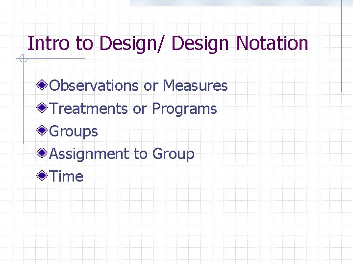 Intro to Design/ Design Notation Observations or Measures Treatments or Programs Groups Assignment to