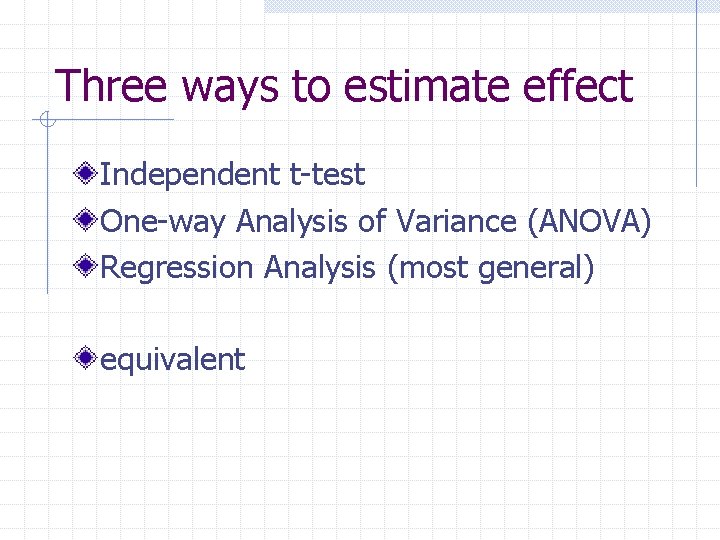 Three ways to estimate effect Independent t-test One-way Analysis of Variance (ANOVA) Regression Analysis