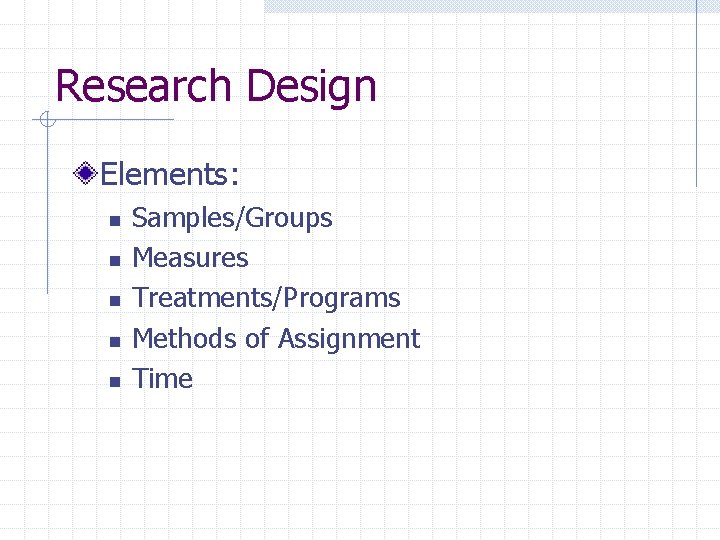 Research Design Elements: n n n Samples/Groups Measures Treatments/Programs Methods of Assignment Time 