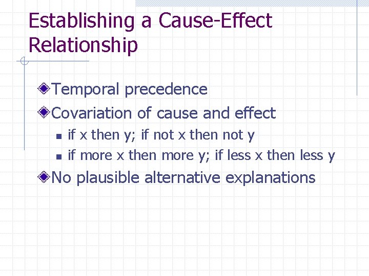 Establishing a Cause-Effect Relationship Temporal precedence Covariation of cause and effect n n if