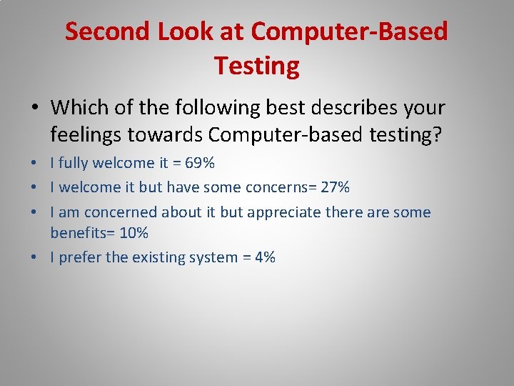 Second Look at Computer-Based Testing • Which of the following best describes your feelings