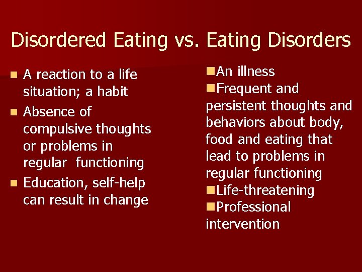 Disordered Eating vs. Eating Disorders A reaction to a life situation; a habit n