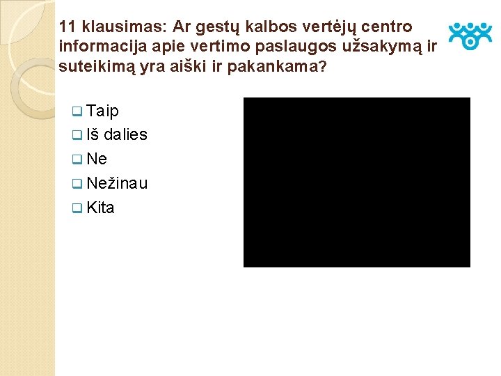 11 klausimas: Ar gestų kalbos vertėjų centro informacija apie vertimo paslaugos užsakymą ir suteikimą