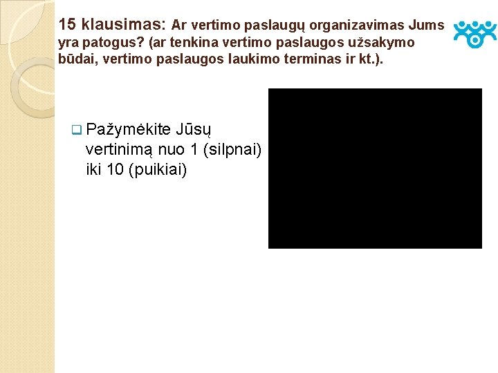 15 klausimas: Ar vertimo paslaugų organizavimas Jums yra patogus? (ar tenkina vertimo paslaugos užsakymo