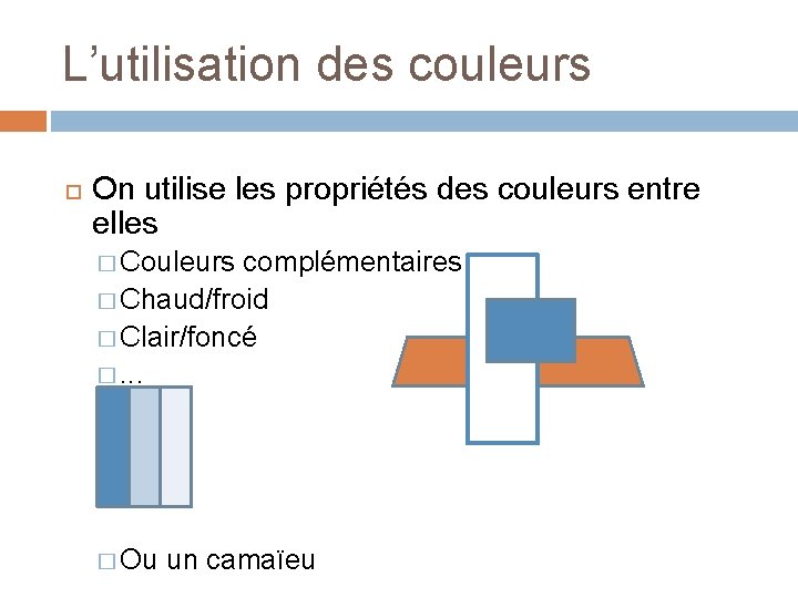 L’utilisation des couleurs On utilise les propriétés des couleurs entre elles � Couleurs complémentaires L’utilisation des couleurs On utilise les propriétés des couleurs entre elles � Couleurs complémentaires