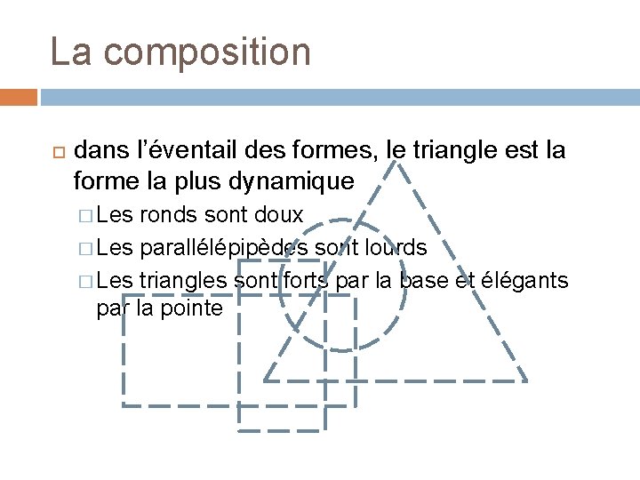 La composition dans l’éventail des formes, le triangle est la forme la plus dynamique La composition dans l’éventail des formes, le triangle est la forme la plus dynamique