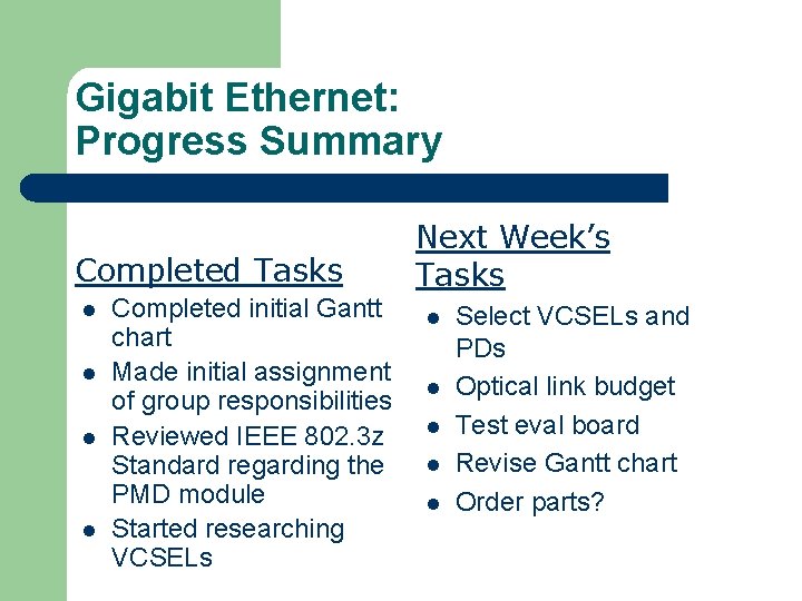 Gigabit Ethernet: Progress Summary Completed Tasks l l Completed initial Gantt chart Made initial