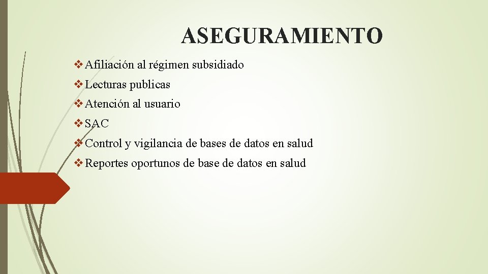 ASEGURAMIENTO v. Afiliación al régimen subsidiado v. Lecturas publicas v. Atención al usuario v.