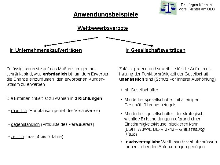 Anwendungsbeispiele Dr. Jürgen Kühnen Vors. Richter am OLG Wettbewerbsverbote in Unternehmenskaufverträgen Zulässig, wenn sie