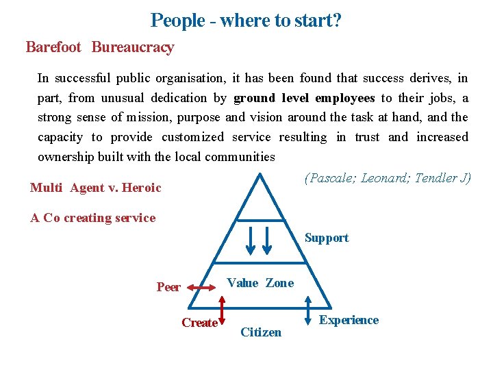 People - where to start? Barefoot Bureaucracy In successful public organisation, it has been