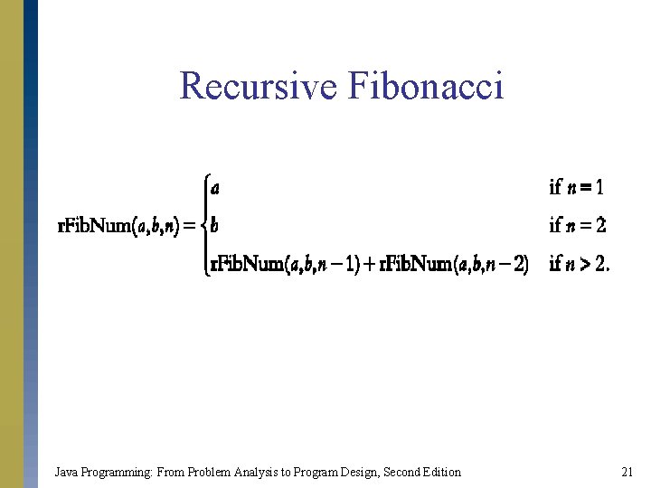 Recursive Fibonacci Java Programming: From Problem Analysis to Program Design, Second Edition 21 Recursive Fibonacci Java Programming: From Problem Analysis to Program Design, Second Edition 21