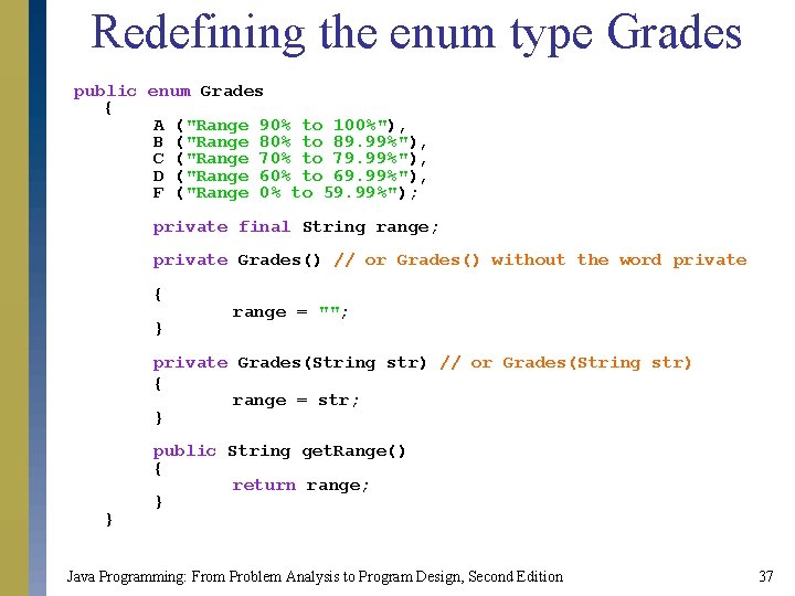 Redefining the enum type Grades public enum Grades { A ("Range 90% to 100%"), Redefining the enum type Grades public enum Grades { A ("Range 90% to 100%"),