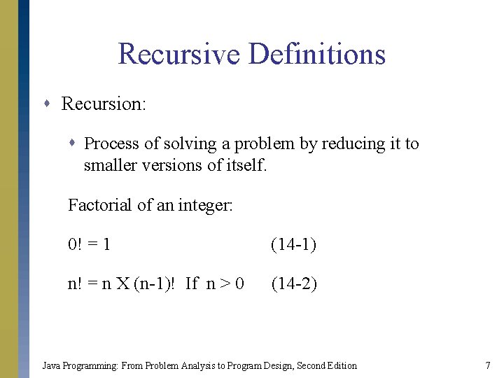 Recursive Definitions s Recursion: s Process of solving a problem by reducing it to Recursive Definitions s Recursion: s Process of solving a problem by reducing it to