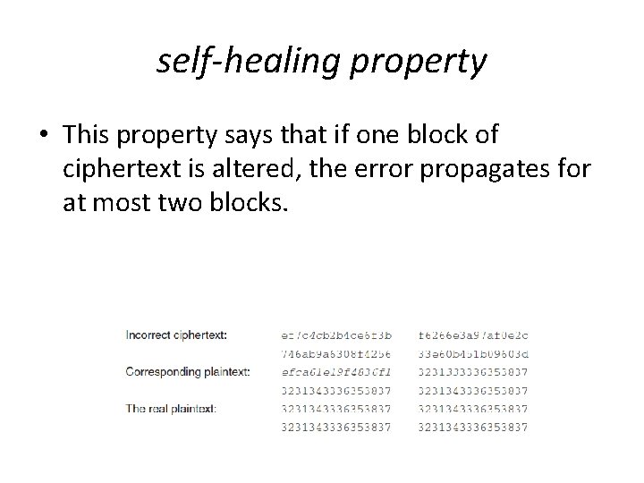 self-healing property • This property says that if one block of ciphertext is altered,