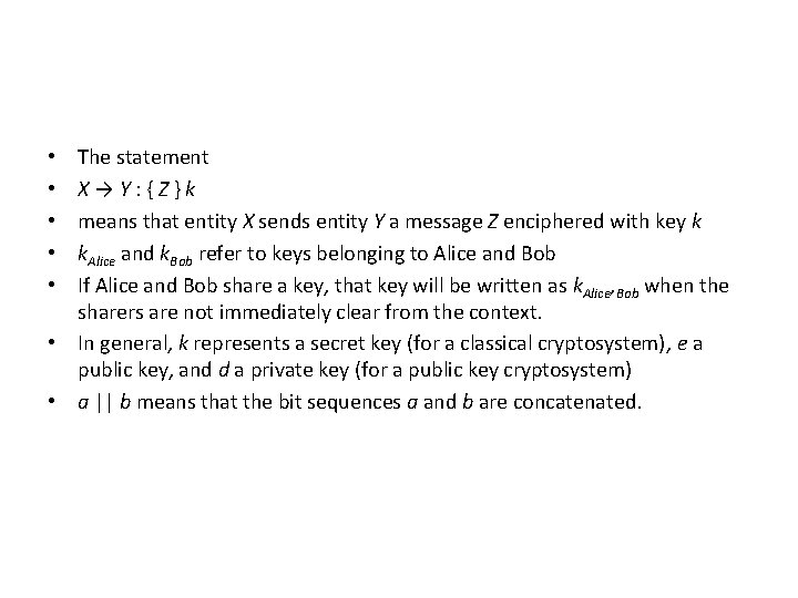 The statement X→Y: {Z}k means that entity X sends entity Y a message Z