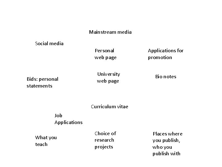 Mainstream media Social media Personal web page Bids: personal statements University web page Applications