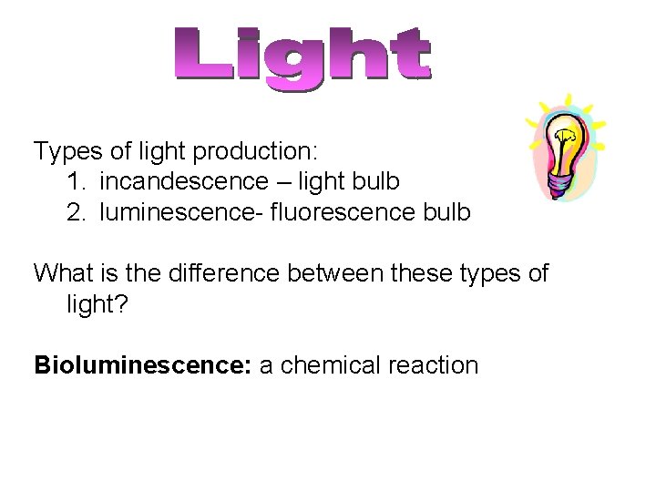 Types of light production: 1. incandescence – light bulb 2. luminescence- fluorescence bulb What