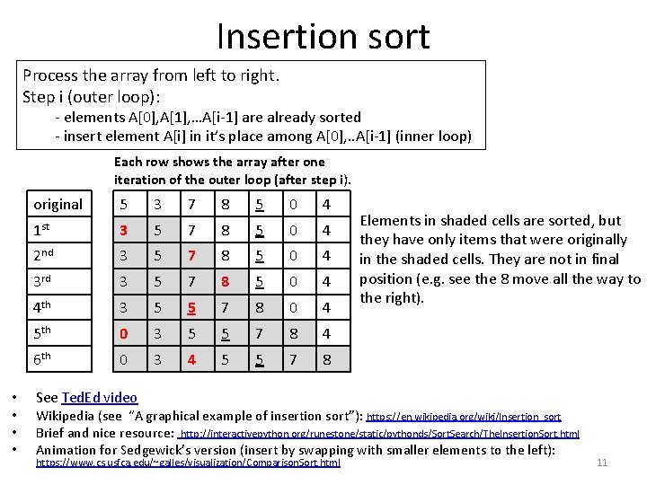 Insertion sort Process the array from left to right. Step i (outer loop): -