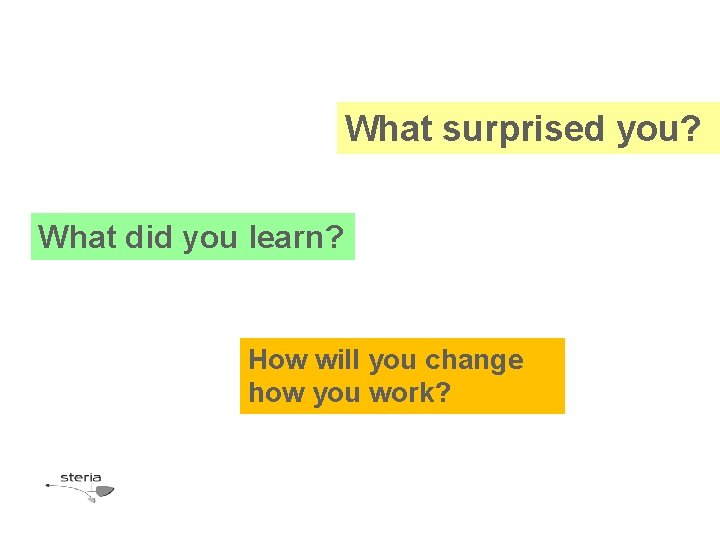 What surprised you? What did you learn? How will you change how you work?