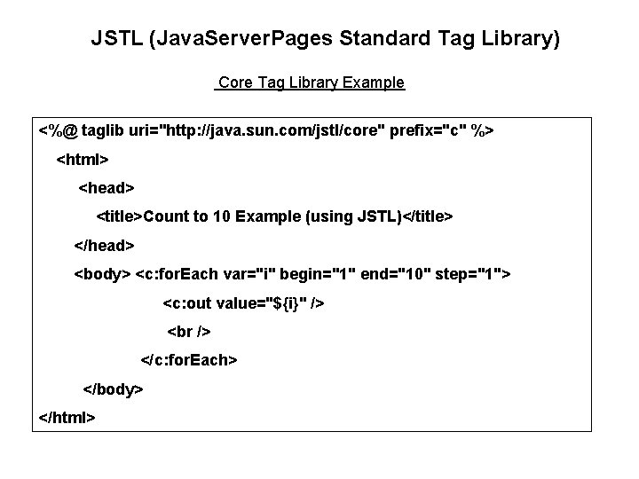 JSTL (Java. Server. Pages Standard Tag Library) Core Tag Library Example <%@ taglib uri="http: