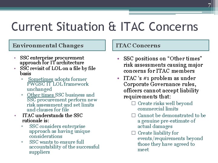 7 Current Situation & ITAC Concerns Environmental Changes ITAC Concerns • SSC enterprise procurement