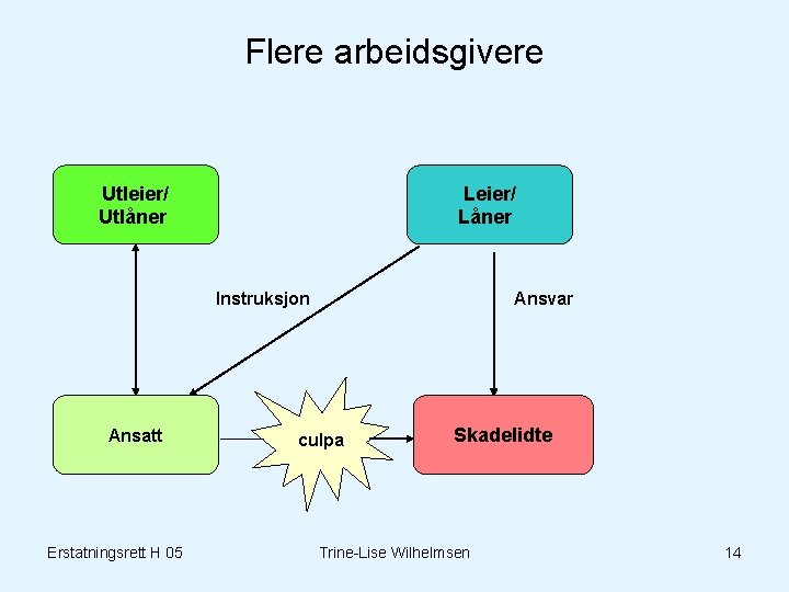 Flere arbeidsgivere Utleier/ Utlåner Leier/ Låner Instruksjon Ansatt Erstatningsrett H 05 Ansvar culpa Skadelidte