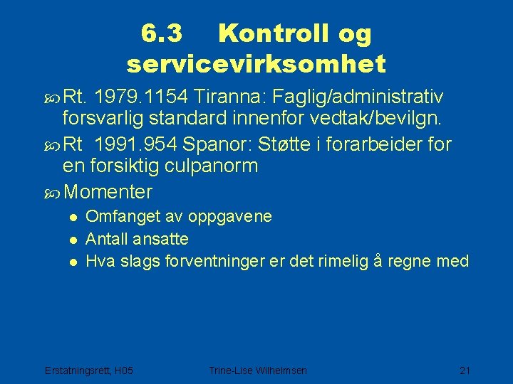 6. 3 Kontroll og servicevirksomhet Rt. 1979. 1154 Tiranna: Faglig/administrativ forsvarlig standard innenfor vedtak/bevilgn.