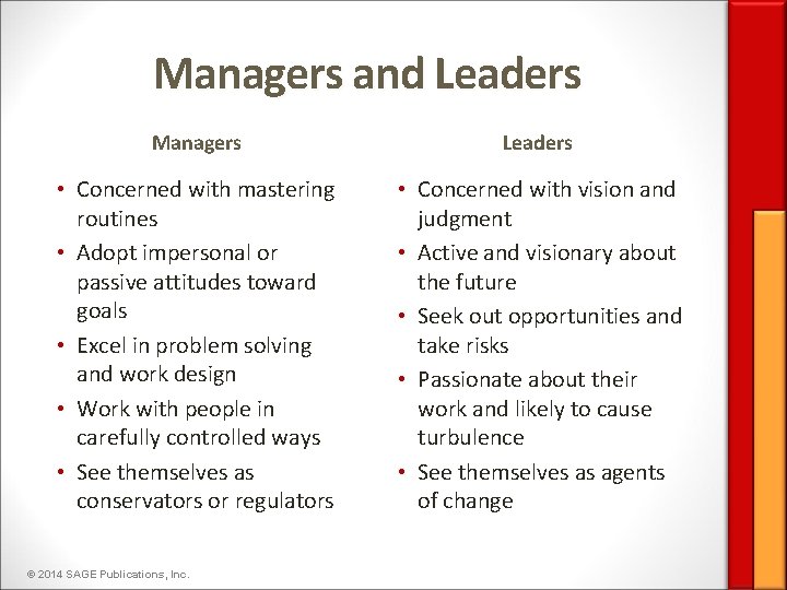 Managers and Leaders Managers Leaders • Concerned with mastering routines • Adopt impersonal or