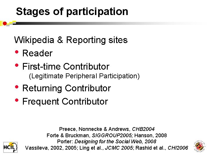 Stages of participation Wikipedia & Reporting sites • Reader • First-time Contributor (Legitimate Peripheral