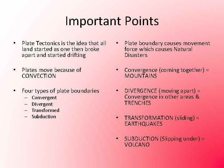 Important Points • Plate Tectonics is the idea that all land started as one