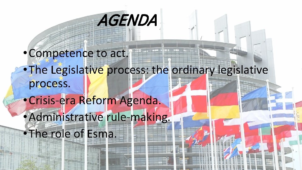 AGENDA • Competence to act. • The Legislative process: the ordinary legislative process. •