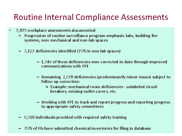 Routine Internal Compliance Assessments • 5, 875 workplace assessments documented – Progression of routine