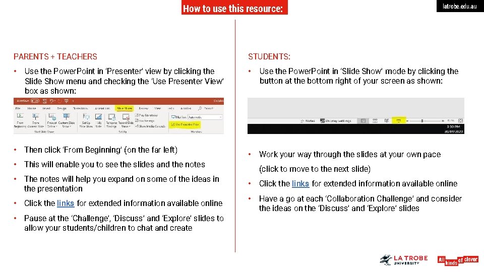 How to use this resource: PARENTS + TEACHERS • Use the Power. Point in