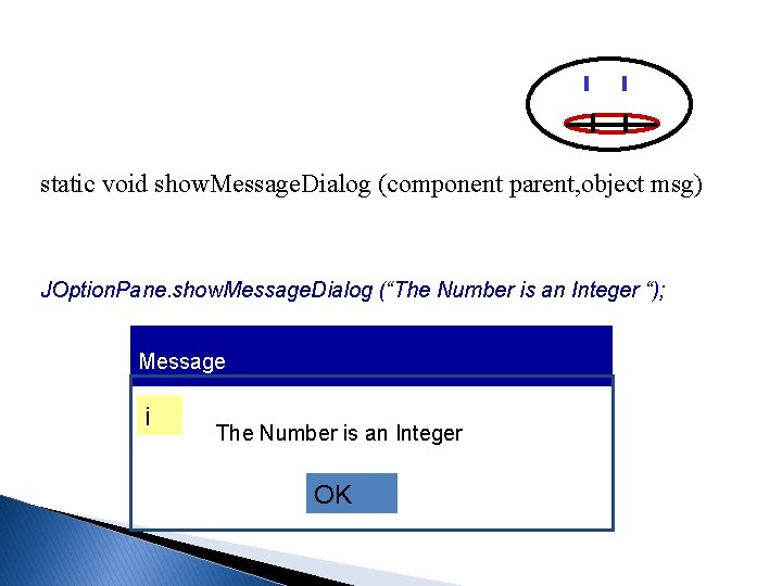 static void show. Message. Dialog (component parent, object msg) JOption. Pane. show. Message. Dialog static void show. Message. Dialog (component parent, object msg) JOption. Pane. show. Message. Dialog