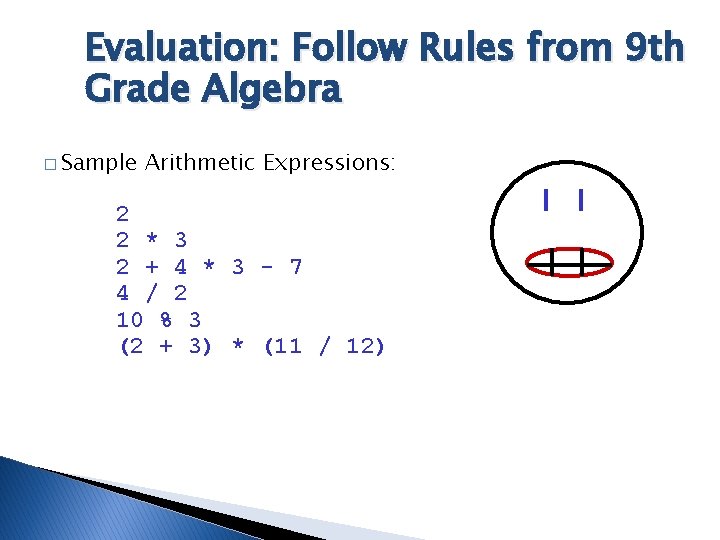 Evaluation: Follow Rules from 9 th Grade Algebra � Sample Arithmetic Expressions: 2 2 Evaluation: Follow Rules from 9 th Grade Algebra � Sample Arithmetic Expressions: 2 2